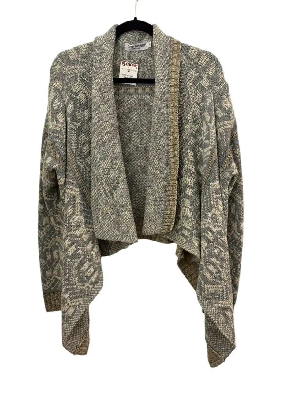 Cotton Emporium Cropped Waterfall Sweater L Cardigan NEW Gray Tan Acrylic Boho